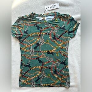 L'AGENCE Green T-Shirt with Chain and Rope Design